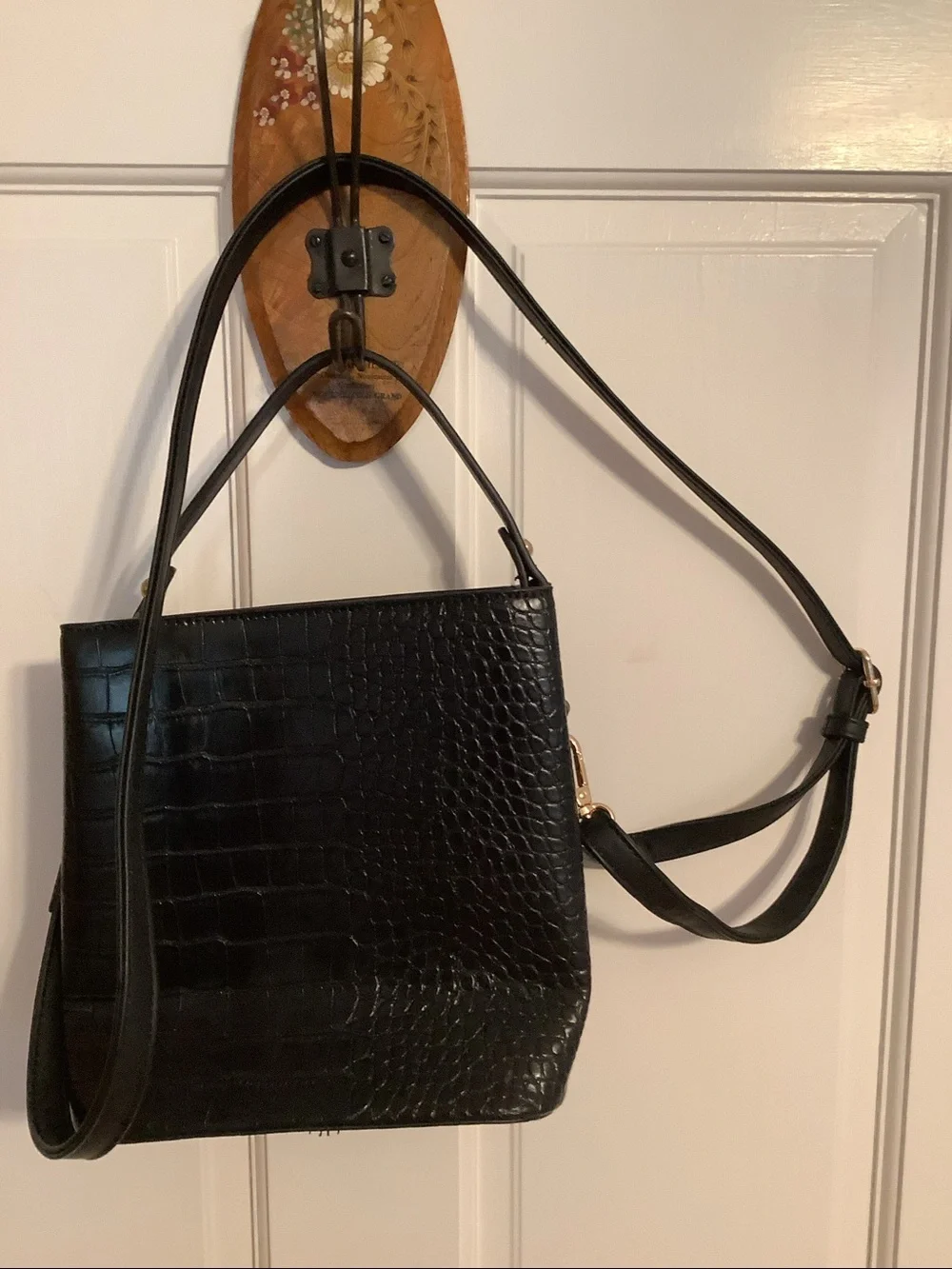 Black Vegan Leather Croc-Embossed Crossbody Bag